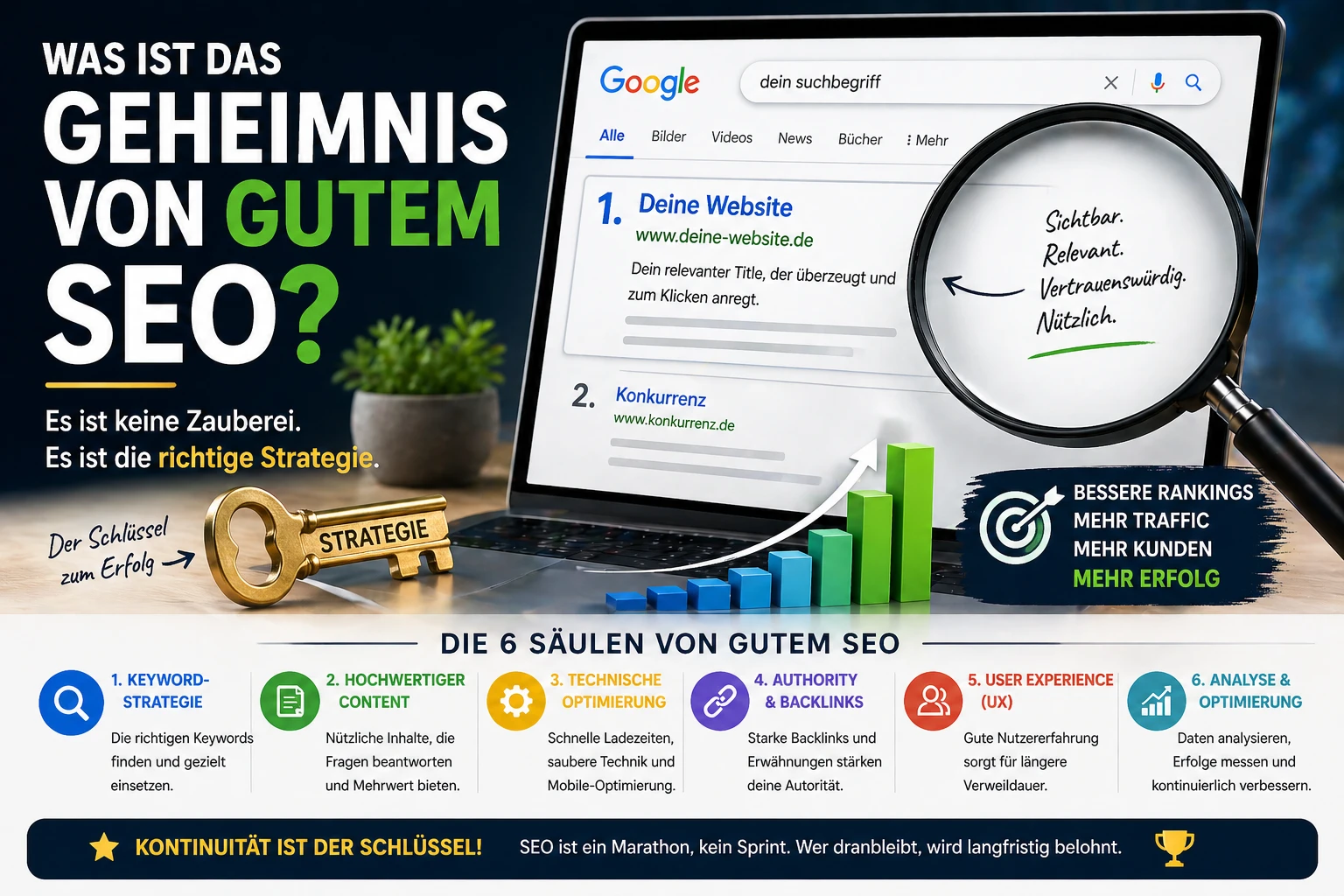 Editoriales OG-Bild zum Thema gutes SEO mit klarer, moderner Search-Optik.