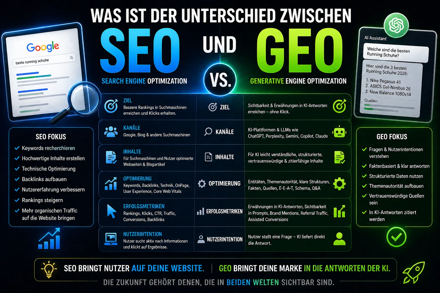 Editoriales Vergleichsbild zum Unterschied zwischen SEO und GEO mit ruhiger, klarer Wissensoptik.