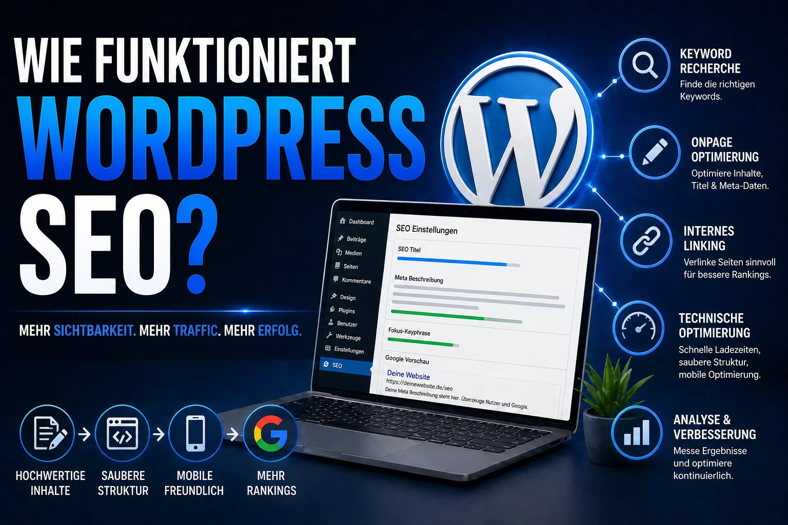 Editoriales OG-Bild zum Thema WordPress SEO mit ruhiger, moderner Struktur- und System-Optik.