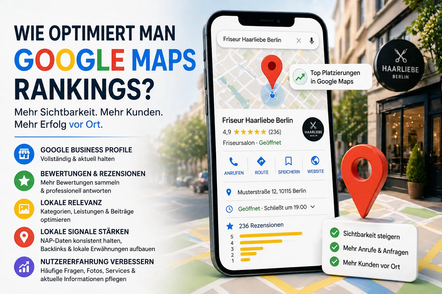 Editoriales OG-Bild zum Thema Google Maps Rankings verbessern mit ruhiger, moderner Karten-Optik.