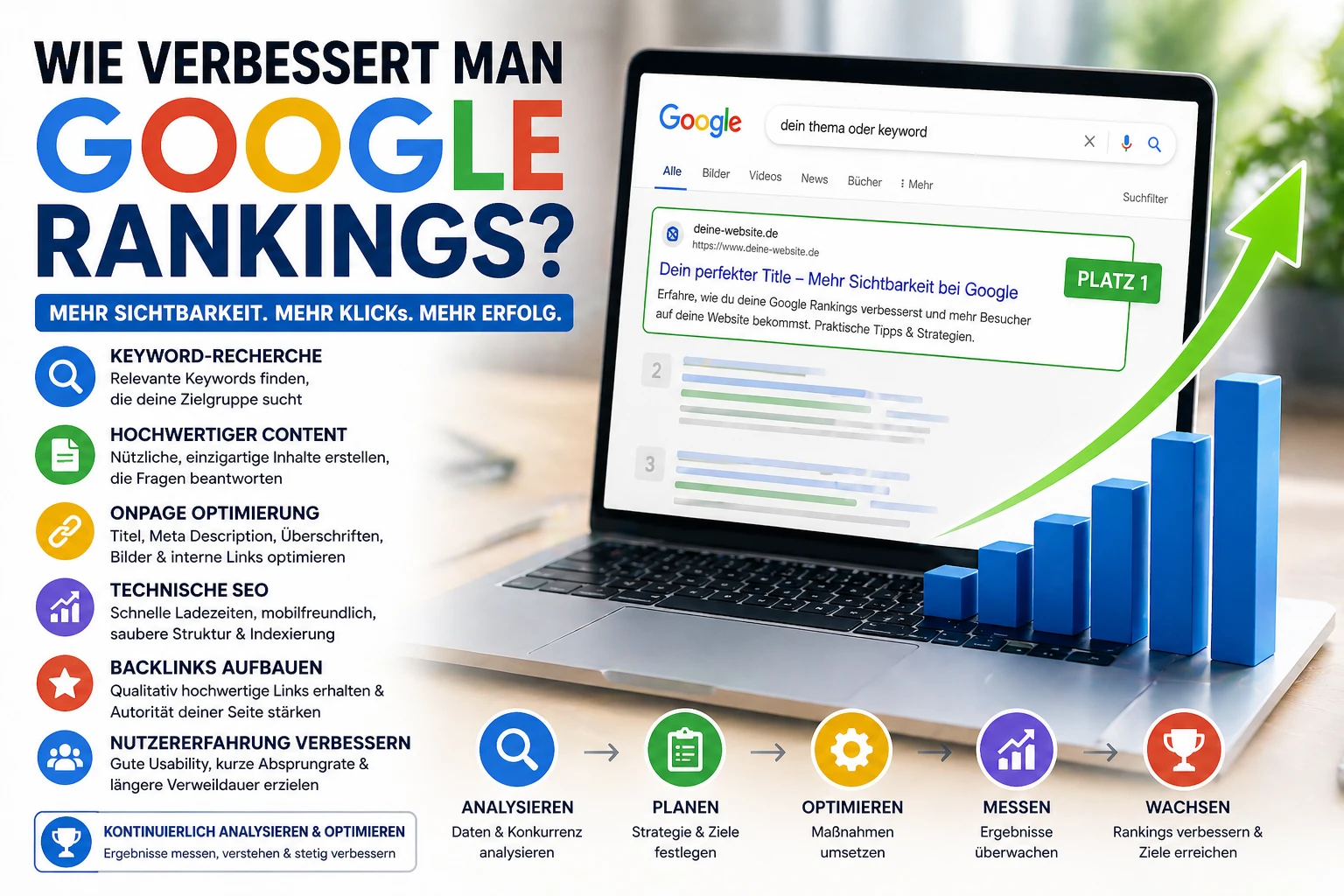 Editoriales OG-Bild zum Thema Google Rankings verbessern mit ruhiger, moderner Search-Optik.