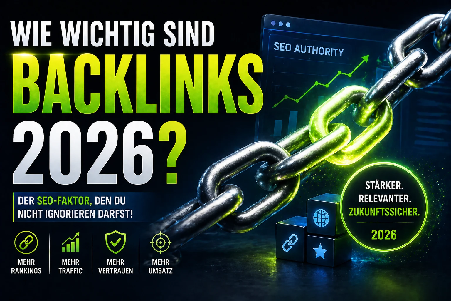 Editoriales OG-Bild zum Thema Backlinks 2026 mit ruhiger, moderner Ranking-Optik.